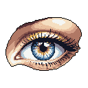 This pixel art image captures a striking, vibrant blue eye with intricate detail. The focused gaze and golden accents create an intimate and captivating portrait.