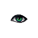 A solitary, emerald-green pixel art eye stares intently from the darkness. The intricate details and stark color palette create a mysterious and captivating focal point.
