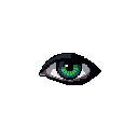 A striking pixel art image focuses on a single, luminous green human eye piercing through the darkness. The detailed eye, rendered in contrasting greys and vibrant green, creates a mysterious and intense focal point.