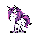 A cute, pixelated unicorn stands alert with flowing purple and pink mane and tail, its bright eyes sparkling against a stark black background. The charming design and vibrant colors evoke a sense of fantasy and retro gaming nostalgia.