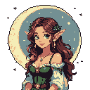 This pixel art portrait depicts a serene elven woman with leaf-adorned hair and a gentle smile, illuminated by a stylized crescent moon. Her forest-inspired attire and delicate features evoke a sense of calm magic and fantasy.