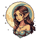 An elegant, pixel-art elf gazes serenely forward, adorned with floral accents and delicate jewelry. Bathed in the light of a large crescent moon, she exudes a gentle, magical aura. The muted color palette and starry backdrop enhance the image's dreamlike quality.