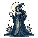 A serene pixel art sorceress holds a glowing orb, her elegant pose and muted color palette evoking a sense of quiet power and ancient wisdom under the soft light of the moon. Ethereal wisps swirl around her, hinting at the magic she commands.