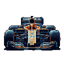 This pixel art showcases a modern Formula 1 car head-on, its sleek, dark blue and vibrant orange livery immediately catching the eye. The detailed pixel work captures the intricate aerodynamic features of the race car, creating a striking and minimalist image.