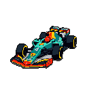 This vibrant pixel art captures a modern Formula 1 car in dynamic motion, cornering with a flash of teal, orange, and yellow. A lone red helmet signifies the driver pushing the machine to its limits. The retro style and modern subject create a striking juxtaposition.