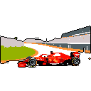 A pixelated Formula 1 car speeds around a corner on a white track, rendered in vibrant red with classic pixel art details. The image evokes a sense of high-speed racing reminiscent of retro games.