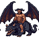 A fearsome, reddish-brown demon with bat-like wings roars atop its draconic mount, their matching orange eyes conveying a sense of menace and power against the solid black background. This striking pixel art evokes a dark fantasy vibe with detailed rendering of the formidable duo.