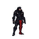 A heavily armored, futuristic warrior stands ready, the dark gray and black armor punctuated by a tattered red sash and glowing red accents. The figure's single, piercing red eye conveys a sense of stern determination and formidable power.