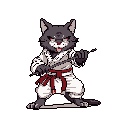 A determined, wolf-like martial artist stands ready, gi-clad and wielding a staff, its red eyes glaring intensely. The pixel art character embodies a blend of cute and fierce, poised for action.
