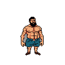 A pixelated, muscular man with a beard stands confidently against a black backdrop, his calm expression hinting at a stoic strength. This retro-style sprite evokes a classic video game aesthetic.