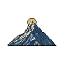 A majestic, snow-capped mountain peak rises against a stark black background, its rugged form highlighted by a glowing orange-yellow sun. The pixel art captures the mountain's serene power through contrasting cool blues and warm highlights.