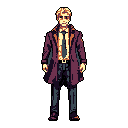 A pixel art portrait features a stern-faced man in a dark suit and plum trench coat, evoking a noir detective vibe. His rigid posture and somber color palette against a black background create a mysterious and intense mood.