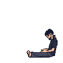 A pixel art image depicts a lone, dark-clad figure hunched over in quiet contemplation. His posture and the muted color palette evoke a sense of weariness or peaceful introspection.