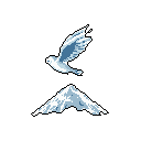 A pixelated white bird soars above a snow-capped mountain, its wings outstretched in a display of freedom and grace. The minimalist design and cool color palette evoke a sense of serene beauty.