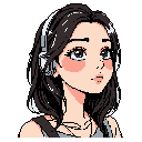 A pixel art portrait captures a young woman in quiet contemplation, wearing headphones and gazing thoughtfully upwards. The image blends modern style with retro charm, emphasizing her gentle expression and a sense of calm.