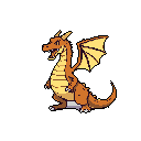 This pixel art image features a roaring, orange-brown dragon with bat-like wings, rendered in a charmingly retro, 8-bit style. The stylized creature, with its open mouth and intense gaze, evokes a blend of nostalgia and playful aggression.