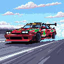 Witness the unexpected: a red, Christmas-themed rally car kicks up dust in a dynamic drift. This festive sports coupe, decked out in evergreen and ornament livery, brings holiday cheer to the racetrack.