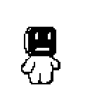 A minimalist pixel art figure with a black and white design stands facing forward, its simple features creating a retro and slightly uncertain expression. The stark simplicity of the character evokes a sense of nostalgia for early video games.