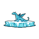 A pixelated ice dragon rests on a jagged block of ice, its head raised in a possible roar, creating a scene of cool isolation. The blue and white creature, rendered in a minimalist style, hints at both power and watchfulness.