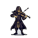 A robed figure, face obscured by shadow, intensely plays the violin in this pixel art image. The dark, muted colors and skeletal facial features create a mysterious and somewhat ominous atmosphere.