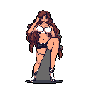 A pixel art pin-up depicts a woman with flowing brown hair in a white bikini top and black shorts, striking a suggestive pose. The character leans against a dark grey rock, her expression ambiguous against the solid black background.
