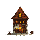 This pixel art showcases a charming, two-story medieval workshop with a warm, inviting glow emanating from within. The rustic stone and wood construction evokes a sense of fantasy and old-world craftsmanship.