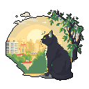 A sleek black cat with striking green eyes sits serenely amidst a pixelated urban landscape bathed in the warm glow of sunrise or sunset. The feline gazes thoughtfully into the distance, creating a moment of quiet contemplation in the blocky, vibrant scenery.