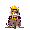 This pixel art portrays a regal cat, adorned with a gold crown and purple cape, exuding an aura of amused authority. Its stern expression and royal attire create a playful yet grand depiction of feline royalty.