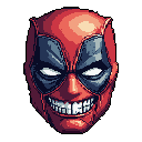 This pixel art portrait captures Deadpool's manic energy, showcasing his iconic red mask with a wide, toothy grin and unsettling white eyes. The close-up view and stark shadows amplify the character's dark humor and intensity in a retro style.