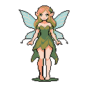 A serene pixel art fairy with delicate blue wings and foliage-inspired attire stands poised against a black backdrop, her gentle gaze and soft color palette creating a whimsical and ethereal feel.