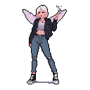A confident, edgy pixel art character with iridescent wings strikes a pose, sporting ripped jeans, a leather jacket, and holding a magical wand. This urban fairy embodies a blend of street-smart style and mystical charm against a dark background.