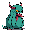 This pixel art features a cartoonish, teal monster with menacing yellow eyes, sharp teeth, and a forked tongue. The squat, horned creature exudes a mix of intimidation and comical charm.