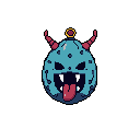 This pixel art features a light blue, monstrous head with jagged teeth, red horns, and a comically aggressive expression. Perched atop its head is a small golden object, adding a touch of unexpected detail to this ominous yet cute creature.