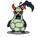 This pixel art showcases a menacing, rock-like monster with glowing red eyes and sharp teeth, roaring with rage. Its pale, bulbous body and orange horns stand out against a stark black background, creating a villainous vibe.