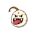 This pixel art features a mischievous, egg-shaped bomb creature with sharp teeth and a lit fuse, exuding a playful yet slightly menacing vibe. Its aggressive expression and cartoonish design create a unique blend of danger and goofiness.