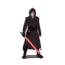 This pixel art depicts a brooding, Kylo Ren-like figure, clad in dark robes and poised with a vibrant red lightsaber. The character's dominant stance and stark color palette evoke a sense of mystery and power.