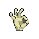 This pixel art depicts a disembodied hand making the "OK" gesture in a pale, retro style. The simple design and limited color palette create a nostalgic feel, drawing focus to the iconic hand symbol.