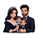 This pixel art portrait captures a formally dressed family of four, radiating warmth and elegance. The parents, adorned in sophisticated attire, gently hold their two young sons in matching suits, creating a timeless scene. Against a solid backdrop, the family's detailed expressions and elegant color palette evoke a sense of nostalgia and tenderness.