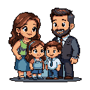 This pixel art showcases a happy, wholesome nuclear family of four, smiling warmly and dressed in inviting earth tones and cool pastels. The detailed character designs and unified expressions evoke a sense of joy and connection.