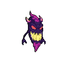 A menacing pixel art demon with glowing red eyes and a jagged grin stares intensely from the darkness, its ethereal form radiating dark power. The creature's unsettling purple and pink hues, punctuated by vibrant yellows, amplify its ominous presence.