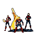 Three pixelated heroes, reminiscent of Captain America, Iron Man, and Spider-Man, strike dynamic poses, radiating heroism and power. A luminous figure towers behind them, enhancing the scene's dramatic, retro vibe.