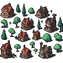 This pixel art showcases a collection of detailed, isometric buildings and trees, forming a quaint village scene. The earthy color palette and top-down perspective evoke a nostalgic, old-school strategy game vibe.