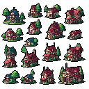 This pixel art showcases sixteen unique houses and trees, forming a quaint, medieval-inspired village. The warm, earthy tones of the buildings and foliage pop against the black background, creating a nostalgic and peaceful scene.