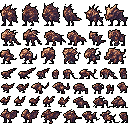 This pixel art showcases 42 unique sprites of clustered, organic-looking entities in earthy browns and muted blues. The enigmatic collection evokes mysterious organisms or resources, arranged against a stark black background.