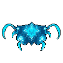 This pixel art showcases a mysterious, alien-like entity with radiating energy tendrils, rendered in vibrant cyan and blue. The creature's symmetrical design and luminous features evoke a sense of power and otherworldly origin.