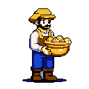 A pixel art farmer proudly displays his harvest of golden produce in a large bowl. The simple, retro design and limited color palette create a nostalgic image of labor and abundance.