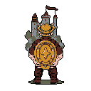 A stout, golden-shielded warrior stands watch before a silhouetted castle, their firm posture suggesting readiness for adventure. The lone figure evokes a sense of duty and protection.
