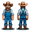 This pixel art showcases a front and back view of a rugged farmer character, complete with a bushy beard, cowboy hat, and classic denim overalls. The earthy color palette and detailed pixel work create a nostalgic and charming portrayal of rural life.