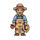 A pixel-art farmer, complete with straw hat and worn overalls, smiles contentedly while holding a bright red apple and a spare hat. The image captures a feeling of simple, honest work and rural life.