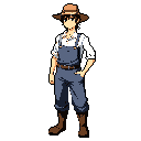 A pixel art farmer stands at ease in his denim overalls, exuding a humble, hardworking vibe. The earthy tones and simple design create a nostalgic feel, focusing solely on the character's grounded posture.
